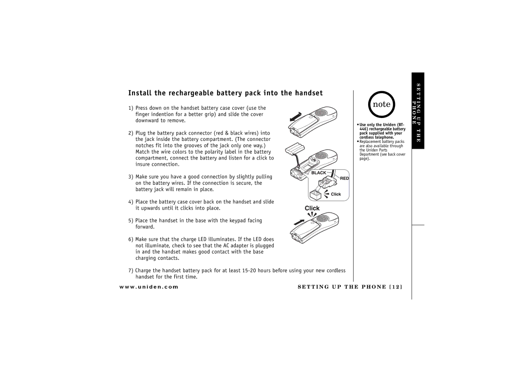 Uniden UIP 160P owner manual Install the rechargeable battery pack into the handset 