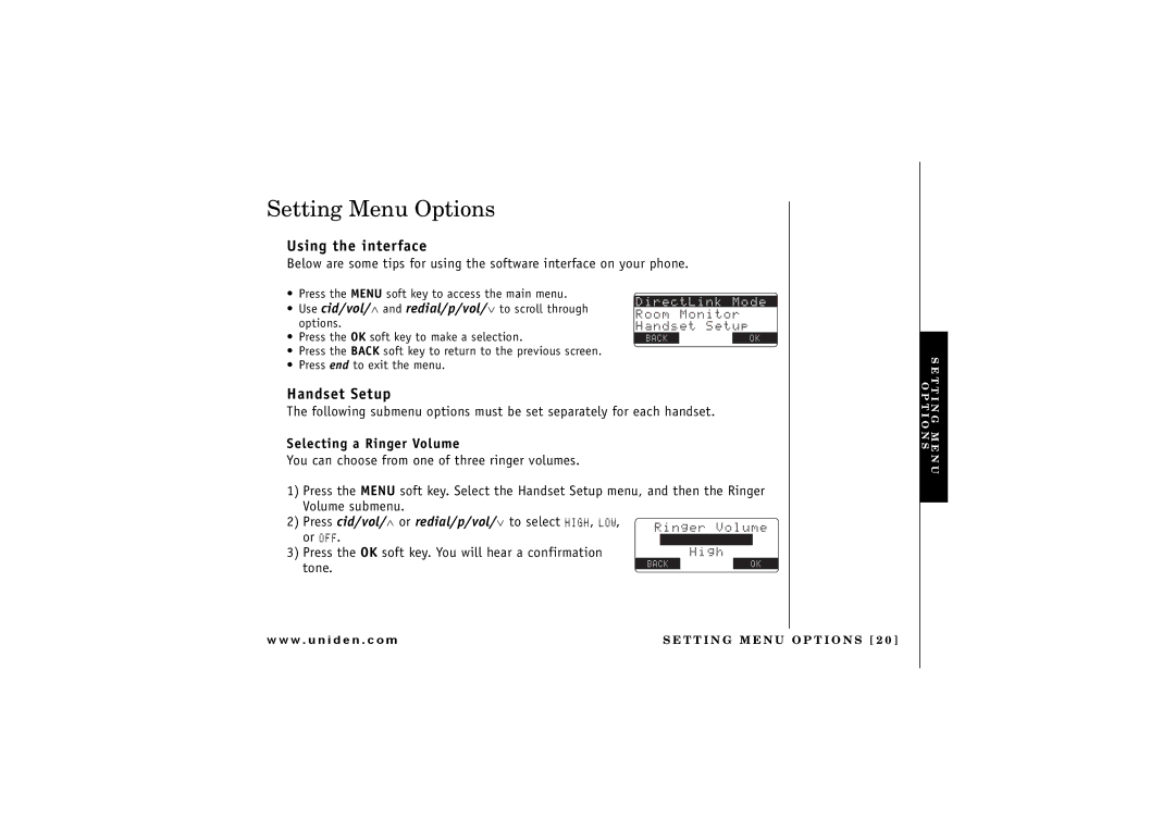 Uniden UIP 160P owner manual Setting Menu Options, Using the interface, Handset Setup, Selecting a Ringer Volume 