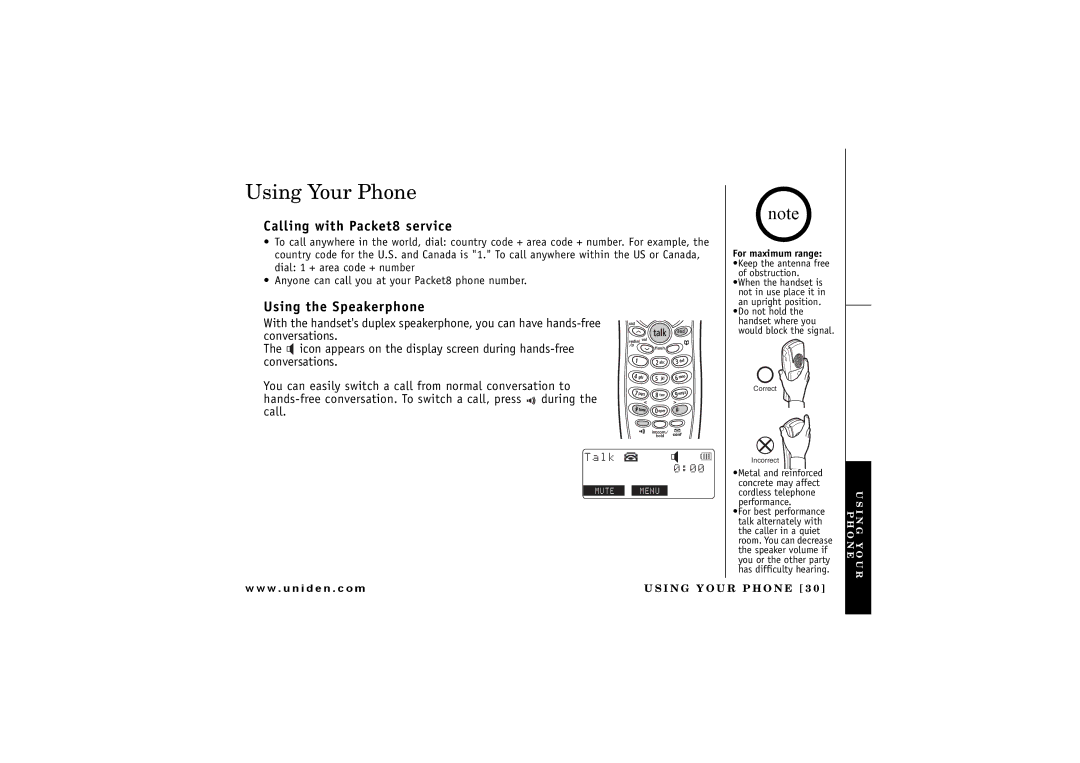 Uniden UIP 160P owner manual Using Your Phone, Calling with Packet8 service, Using the Speakerphone 