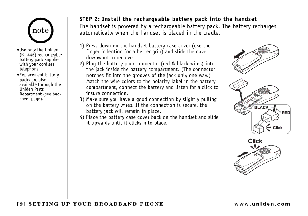 Uniden UIP165P owner manual Install the rechargeable battery pack into the handset 