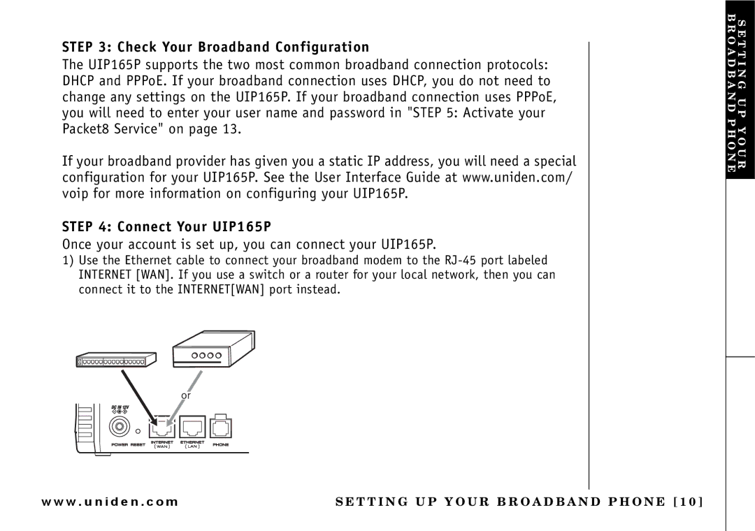 Uniden owner manual Check Your Broadband Configuration, Connect Your UIP165P 