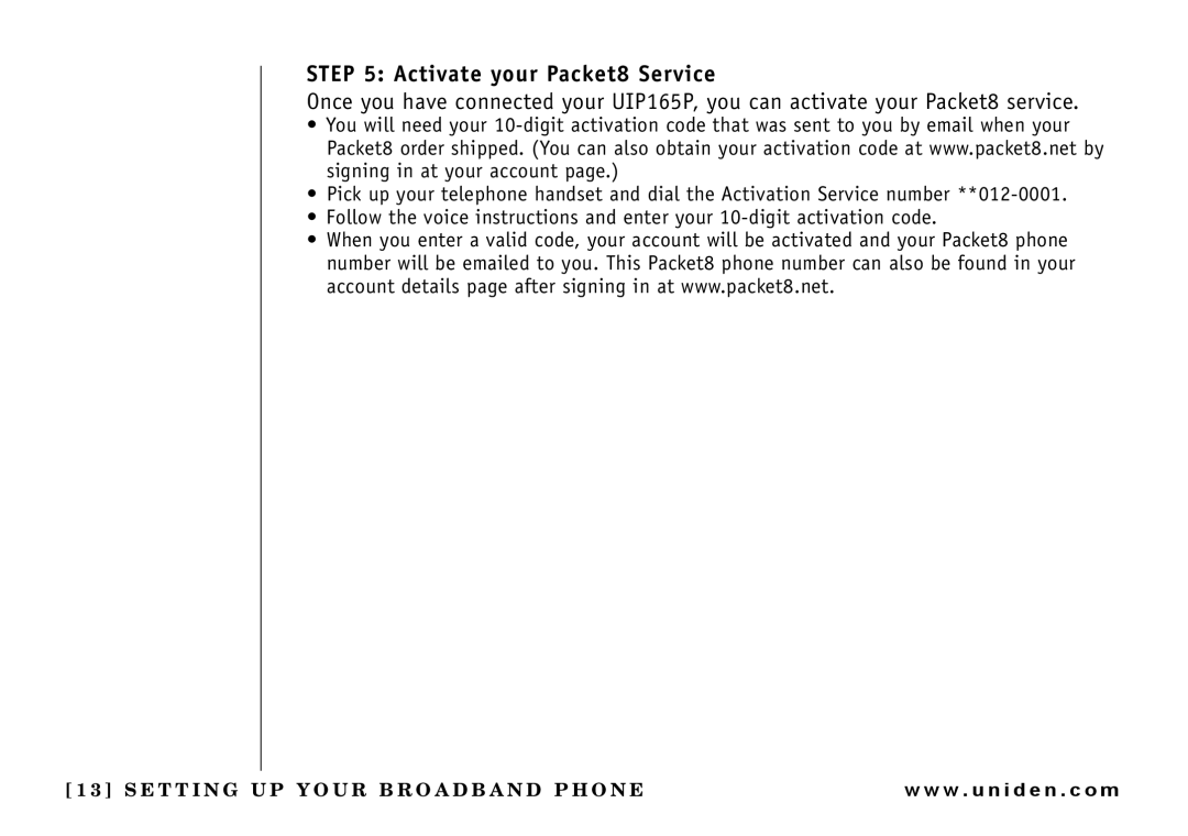 Uniden UIP165P owner manual Activate your Packet8 Service 