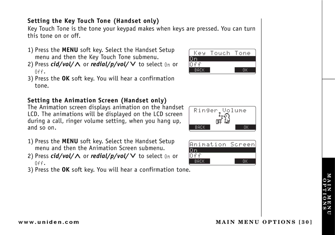 Uniden UIP165P owner manual Setting the Key Touch Tone Handset only, Setting the Animation Screen Handset only 