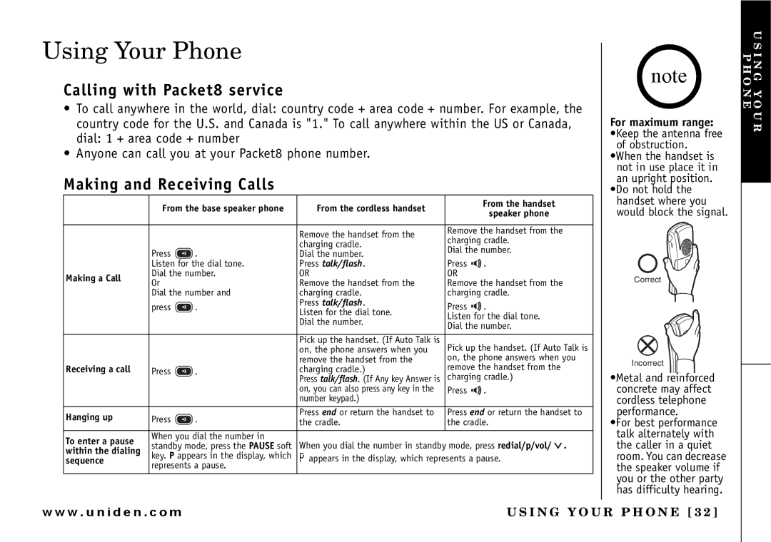 Uniden UIP165P owner manual Using Your Phone, Calling with Packet8 service, Making and Receiving Calls 