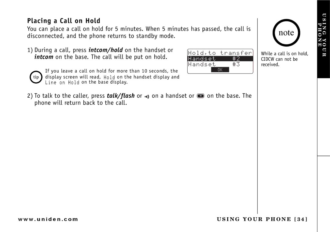 Uniden UIP165P owner manual Placing a Call on Hold 