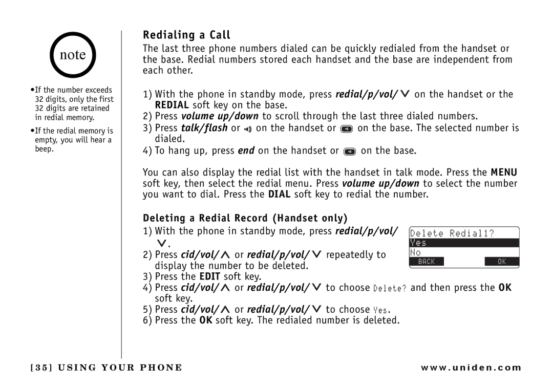 Uniden UIP165P owner manual Redialing a Call, Deleting a Redial Record Handset only 
