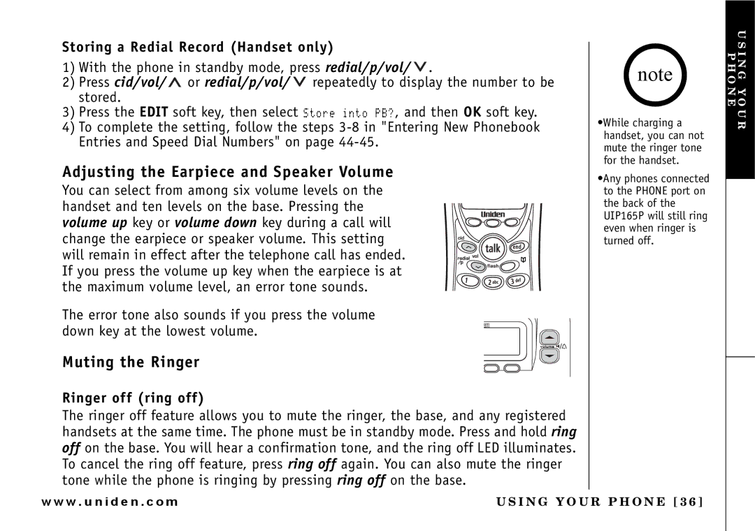 Uniden UIP165P Adjusting the Earpiece and Speaker Volume, Muting the Ringer, Storing a Redial Record Handset only 