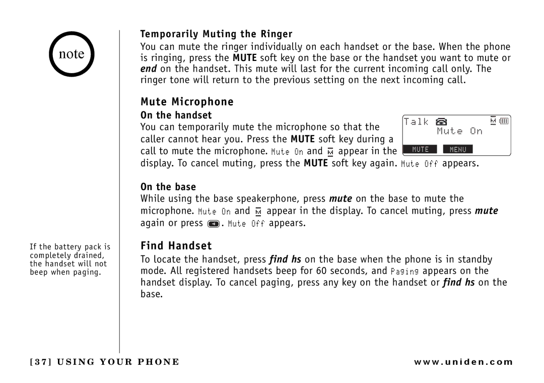 Uniden UIP165P owner manual Mute Microphone, Find Handset, Temporarily Muting the Ringer, On the handset, On the base 