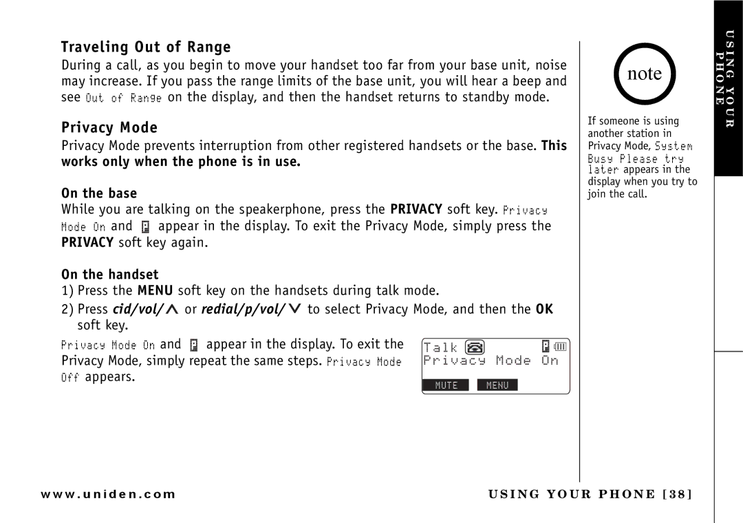 Uniden UIP165P owner manual Traveling Out of Range, Privacy Mode, Works only when the phone is in use On the base 