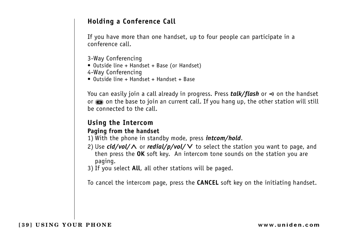 Uniden UIP165P owner manual Holding a Conference Call, Using the Intercom, Paging from the handset 