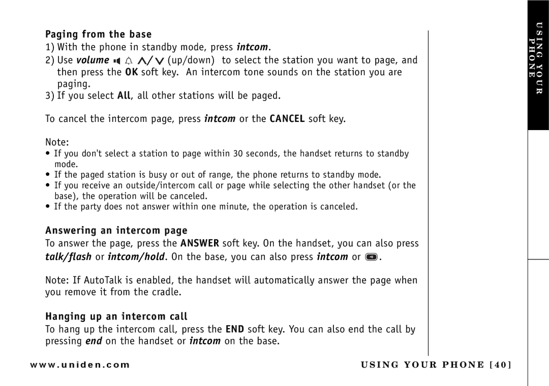 Uniden UIP165P owner manual Paging from the base, Answering an intercom, Hanging up an intercom call 