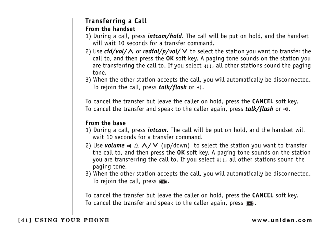 Uniden UIP165P owner manual Transferring a Call, From the handset 