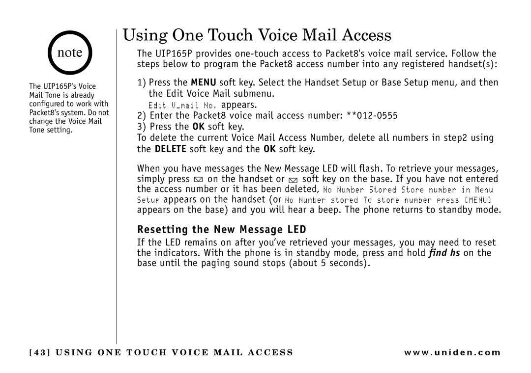 Uniden UIP165P owner manual Using One Touch Voice Mail Access, Resetting the New Message LED 