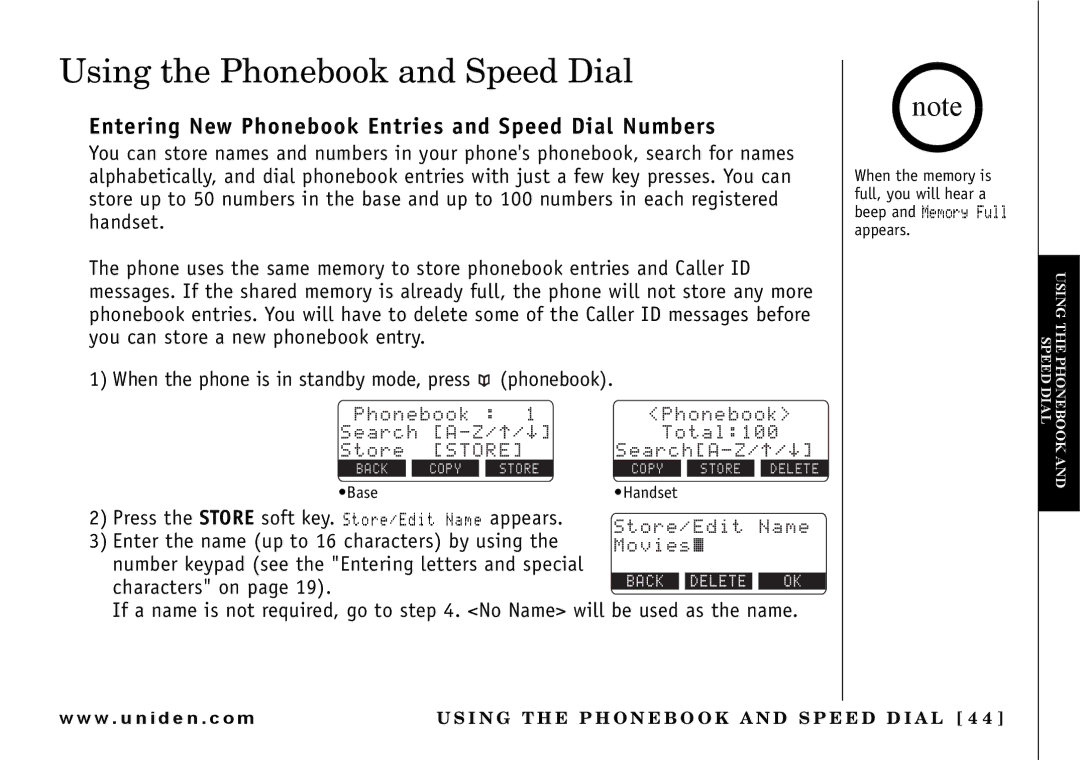 Uniden UIP165P owner manual Using the Phonebook and Speed Dial, Entering New Phonebook Entries and Speed Dial Numbers 