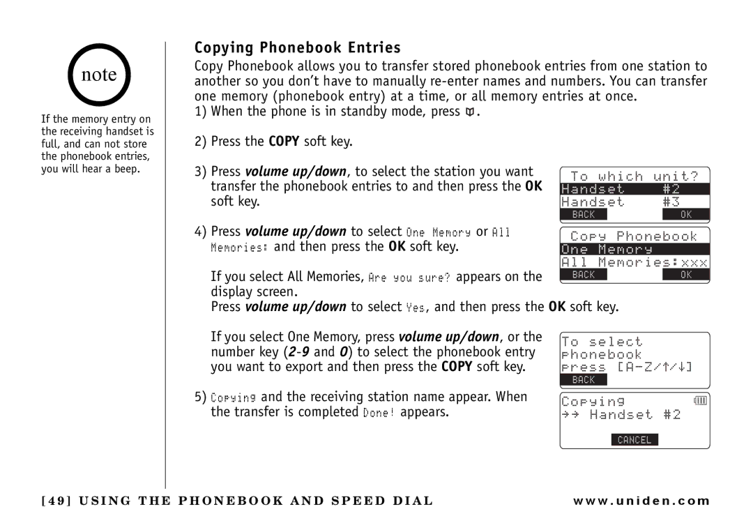 Uniden UIP165P owner manual Copying Phonebook Entries, Transfer is completed Done! appears 