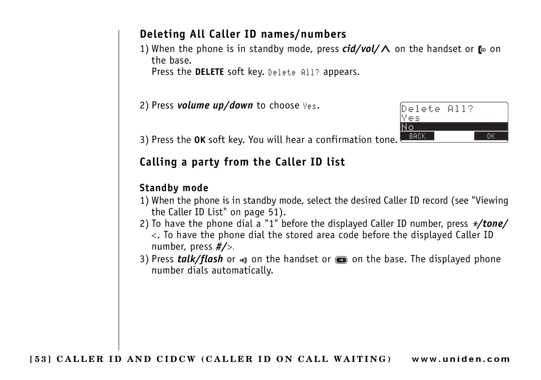 Uniden UIP165P owner manual Deleting All Caller ID names/numbers, Calling a party from the Caller ID list, Standby mode 