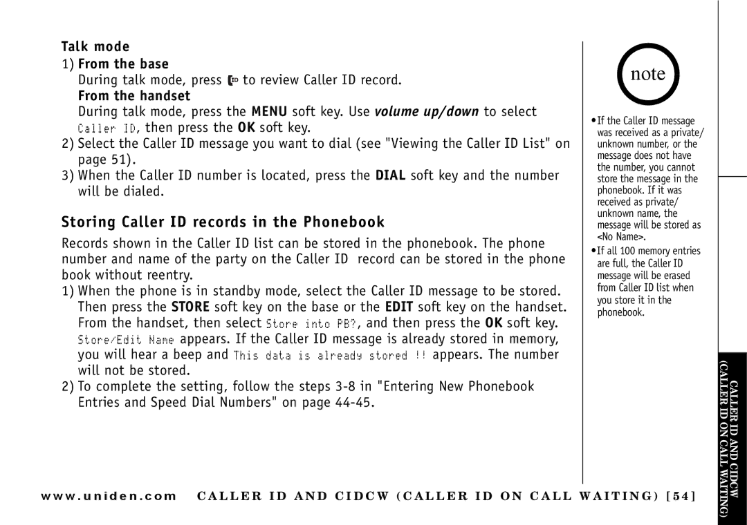 Uniden UIP165P owner manual Storing Caller ID records in the Phonebook, Talk mode From the base 