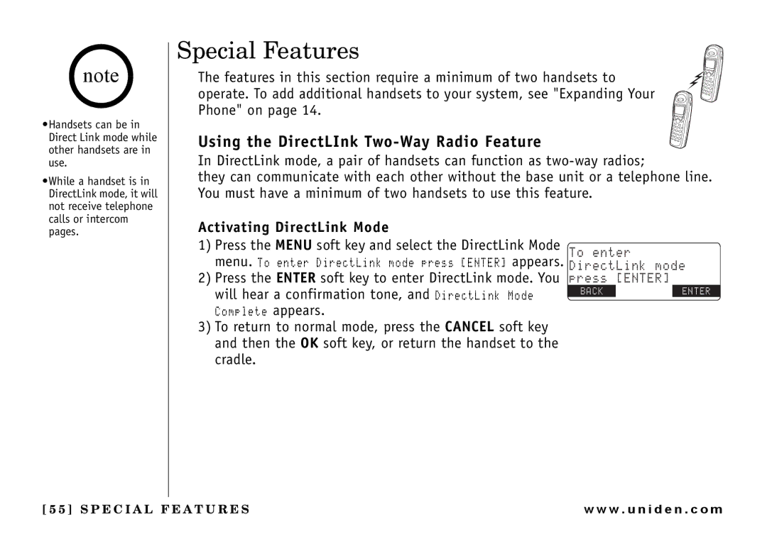 Uniden UIP165P owner manual Special Features, Using the DirectLInk Two-Way Radio Feature, Activating DirectLink Mode 