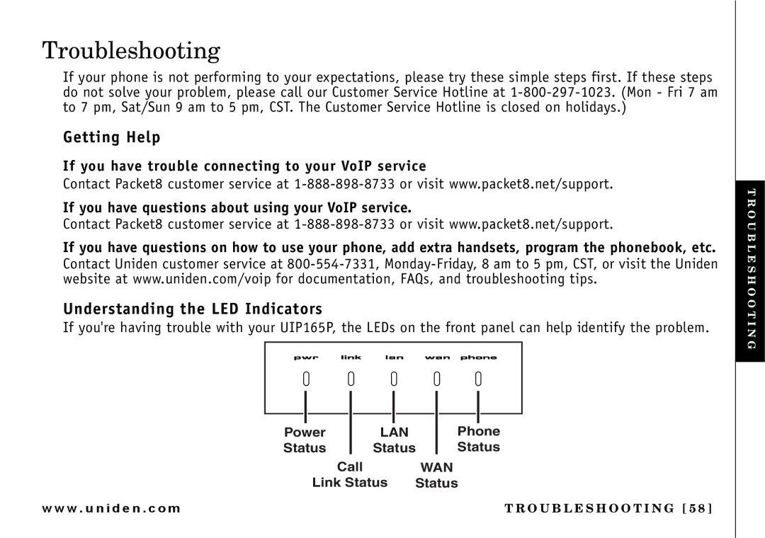 Uniden UIP165P owner manual Troubleshooting, Getting Help, Understanding the LED Indicators 