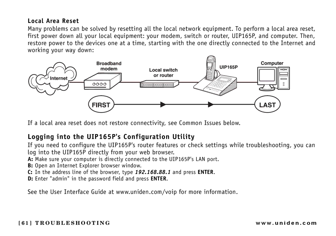 Uniden owner manual Logging into the UIP165Ps Configuration Utility, Local Area Reset 