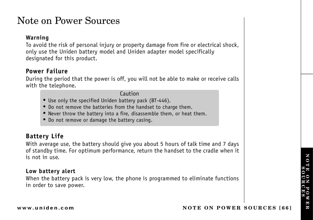 Uniden UIP165P owner manual Power Failure, Battery Life, Low battery alert 