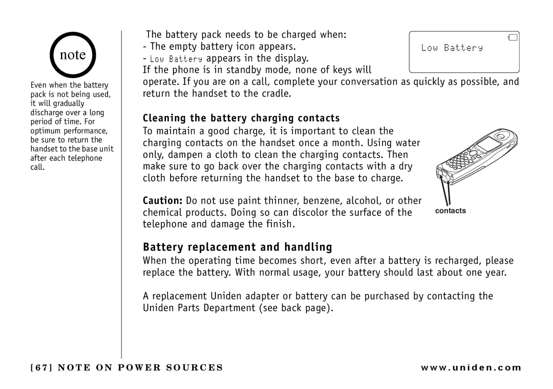 Uniden UIP165P owner manual Battery replacement and handling, Cleaning the battery charging contacts 