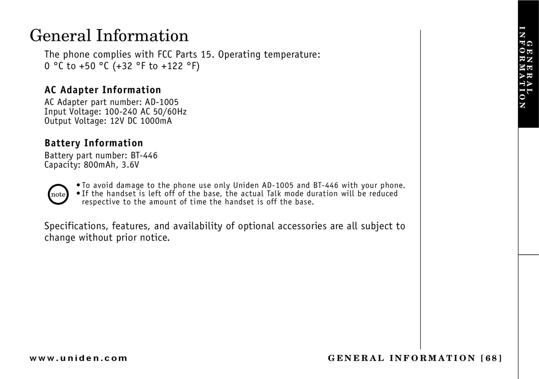 Uniden UIP165P owner manual General Information, AC Adapter Information, Battery Information 