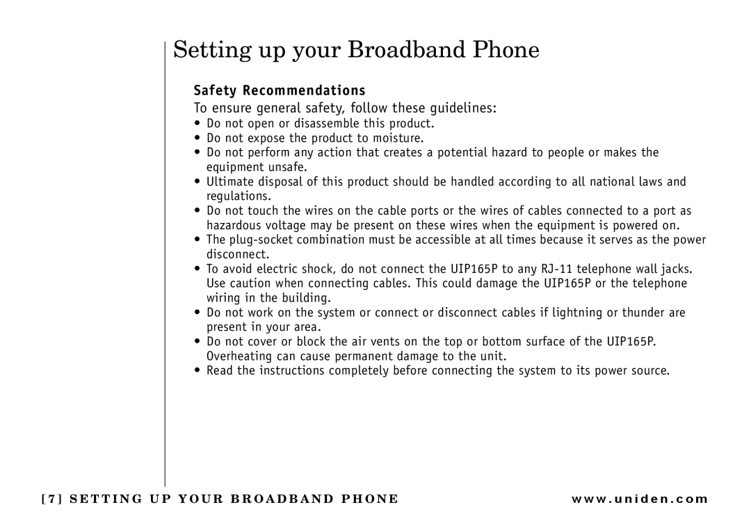 Uniden UIP165P owner manual Setting up your Broadband Phone, Safety Recommendations 