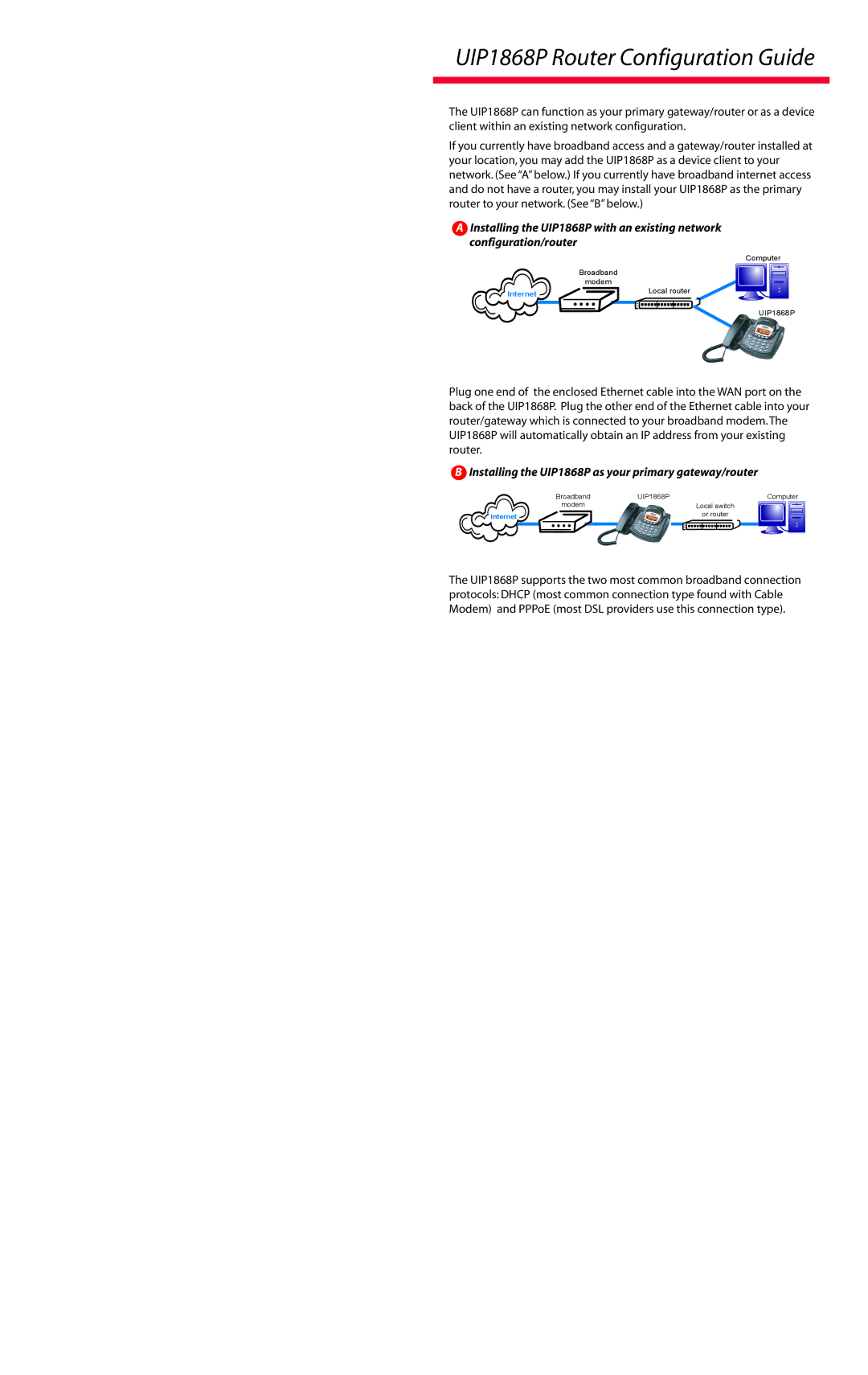 Uniden quick start UIP1868P Router Configuration Guide, Installing the UIP1868P as your primary gateway/router 