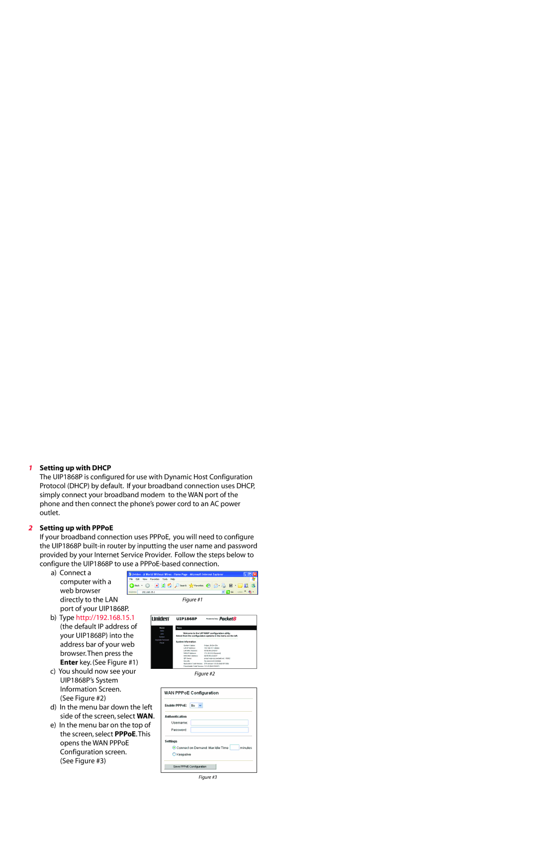 Uniden UIP1868P quick start Setting up with Dhcp, Setting up with PPPoE 