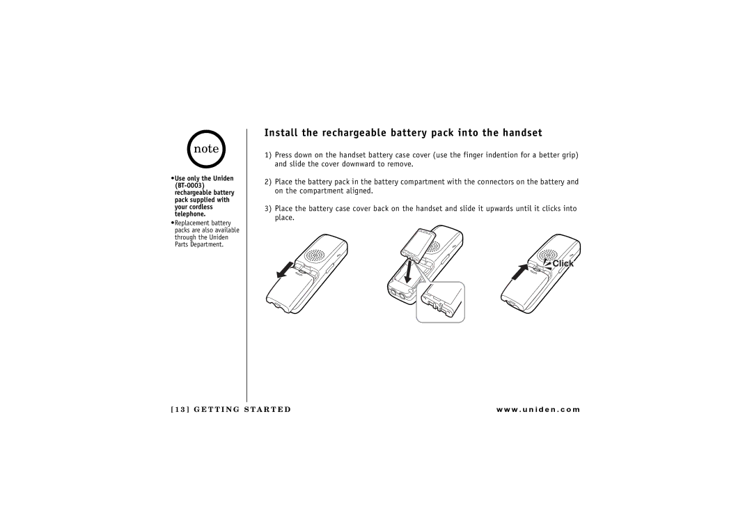 Uniden UIP1869V owner manual Install the rechargeable battery pack into the handset 