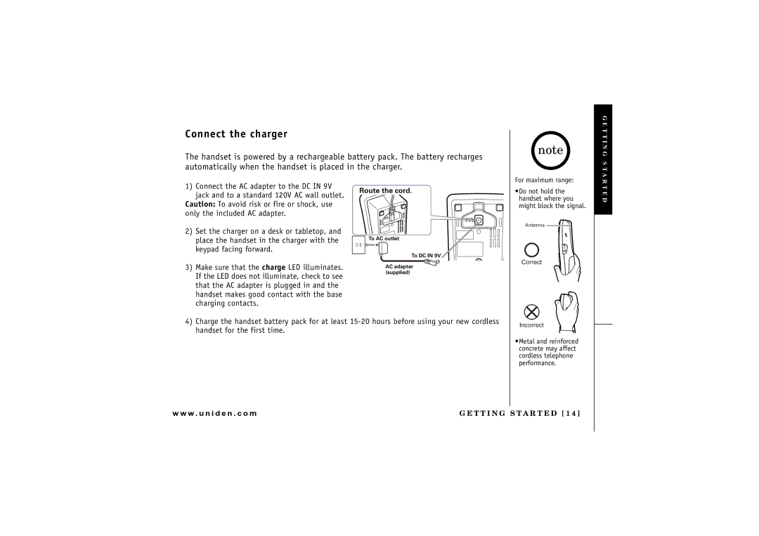 Uniden UIP1869V owner manual Connect the charger 