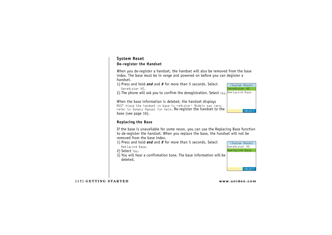 Uniden UIP1869V owner manual System Reset, De-register the Handset, Replacing the Base 