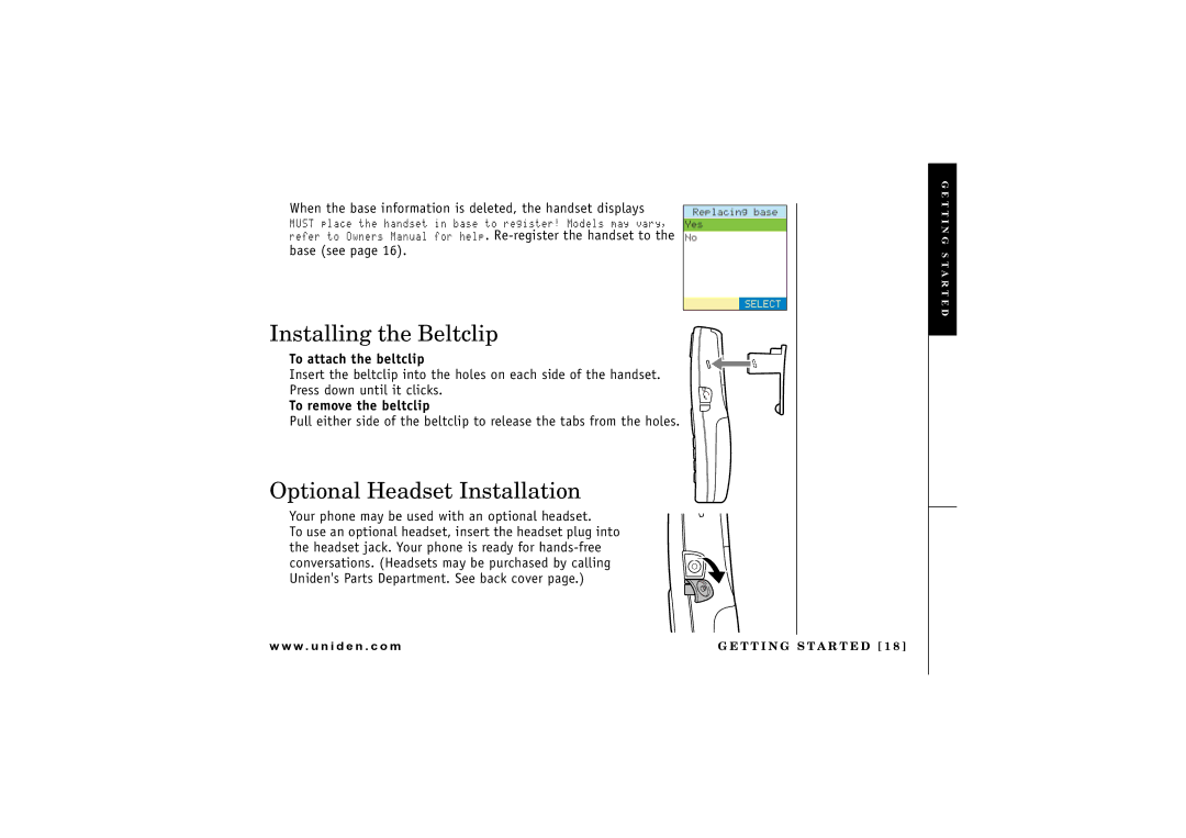 Uniden UIP1869V Installing the Beltclip, Optional Headset Installation, To attach the beltclip, To remove the beltclip 