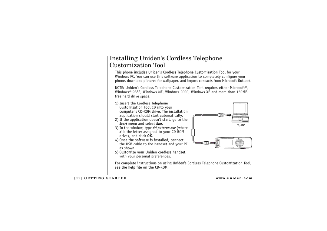 Uniden UIP1869V owner manual Installing Unidens Cordless Telephone Customization Tool 