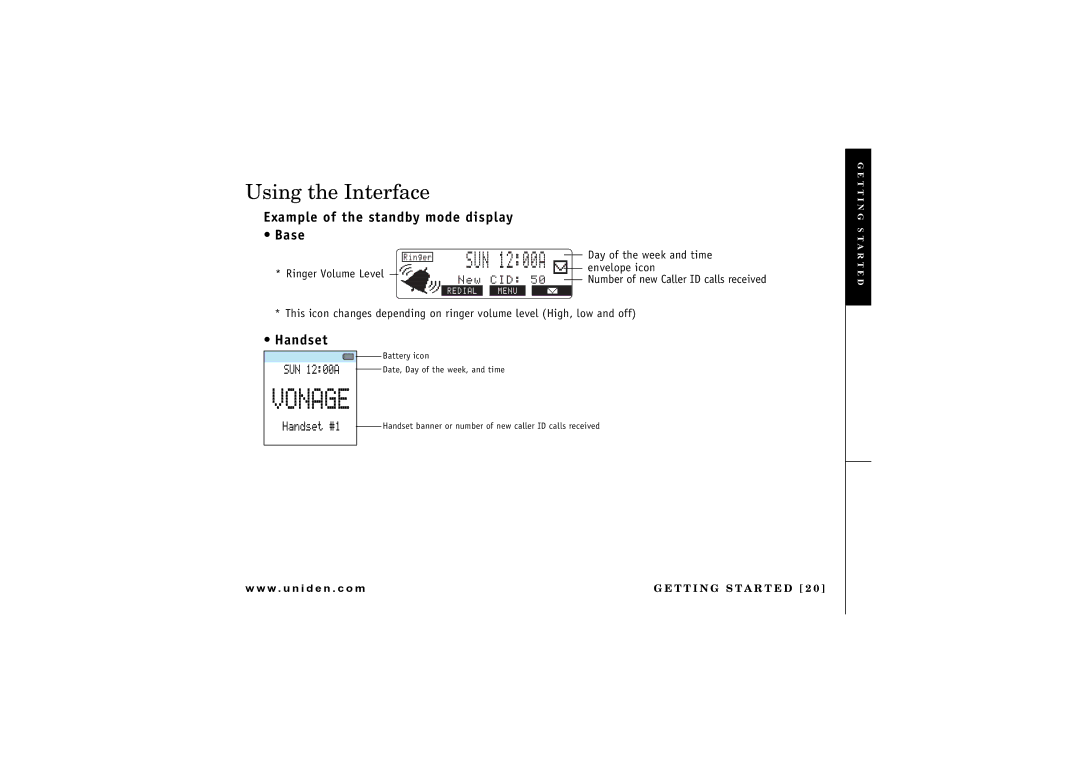 Uniden UIP1869V owner manual Using the Interface, Example of the standby mode display Base, Handset 