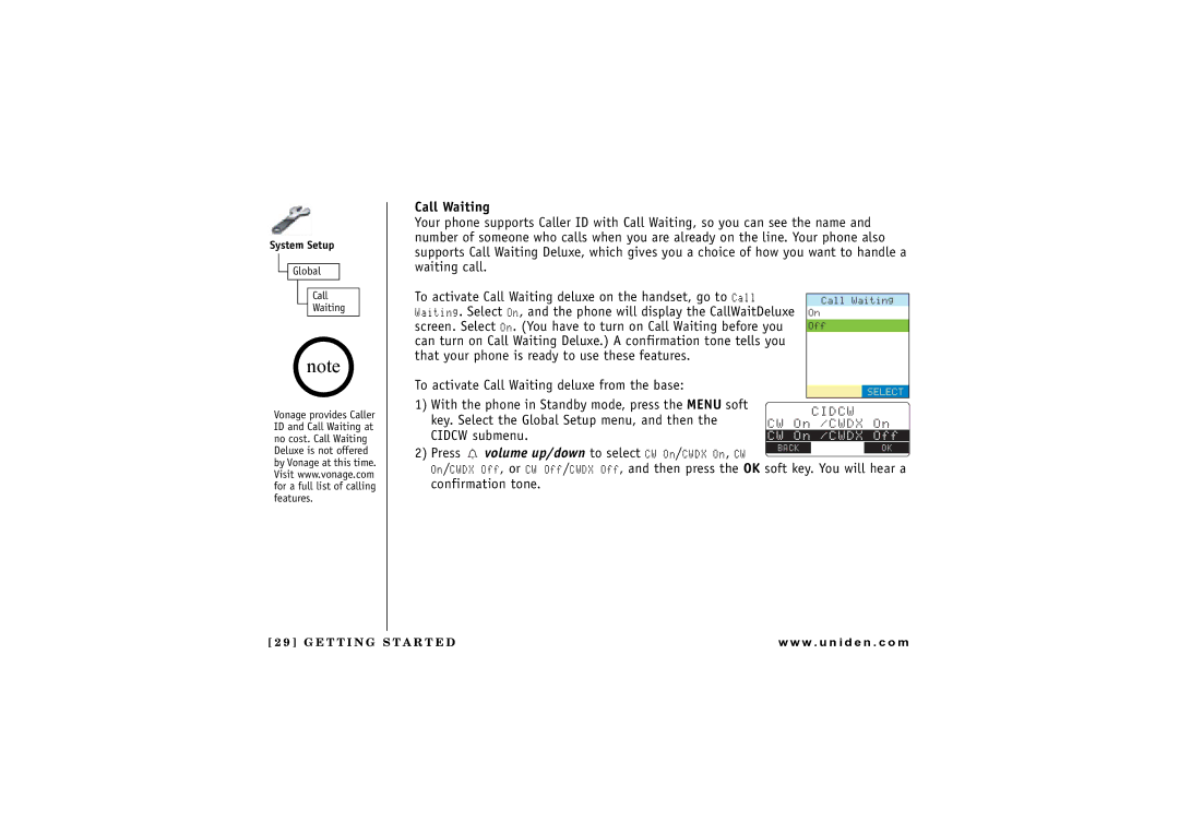 Uniden UIP1869V owner manual Call Waiting, Volume up/down to select CW On/CWDX On, CW 