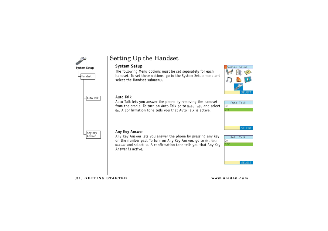 Uniden UIP1869V owner manual Setting Up the Handset, System Setup, Auto Talk, Any Key Answer 