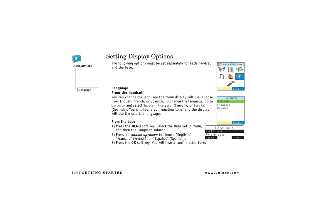 Uniden UIP1869V owner manual Setting Display Options, Language From the handset, From the base 