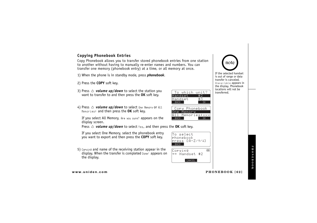 Uniden UIP1869V owner manual Copying Phonebook Entries, Press the Copy soft key 