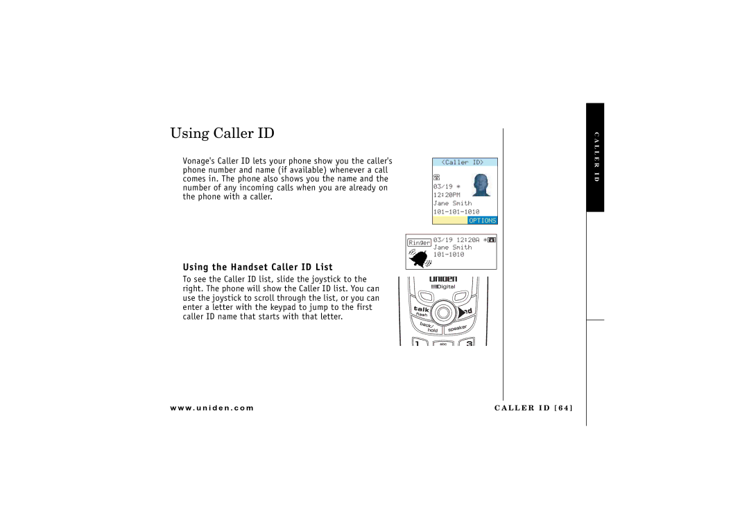 Uniden UIP1869V owner manual Using Caller ID, Using the Handset Caller ID List 