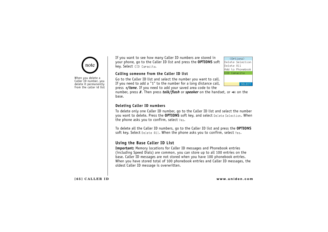 Uniden UIP1869V owner manual Using the Base Caller ID List, Deleting Caller ID numbers 