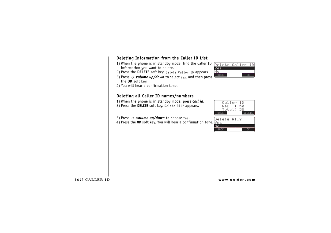 Uniden UIP1869V owner manual Deleting Information from the Caller ID List, Deleting all Caller ID names/numbers 