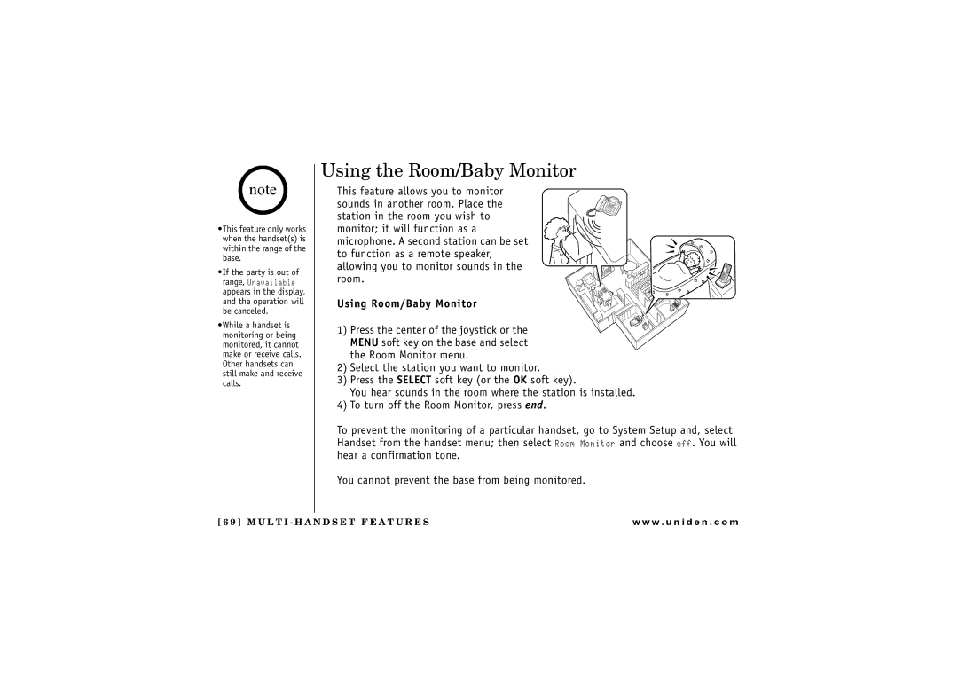 Uniden UIP1869V owner manual Using the Room/Baby Monitor, Using Room/Baby Monitor 