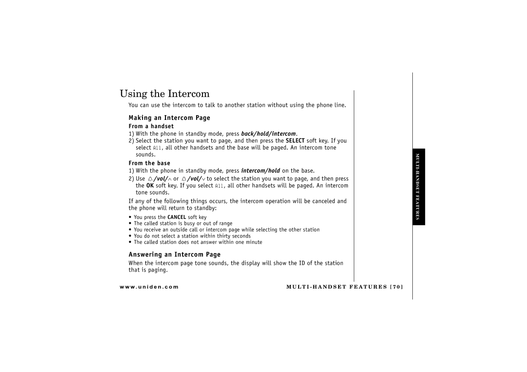 Uniden UIP1869V owner manual Using the Intercom, Making an Intercom, Answering an Intercom, From a handset 