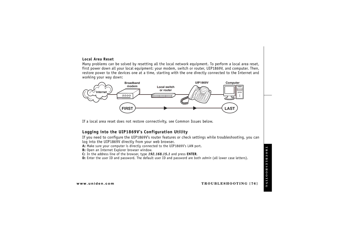 Uniden owner manual Logging into the UIP1869Vs Configuration Utility, Local Area Reset 