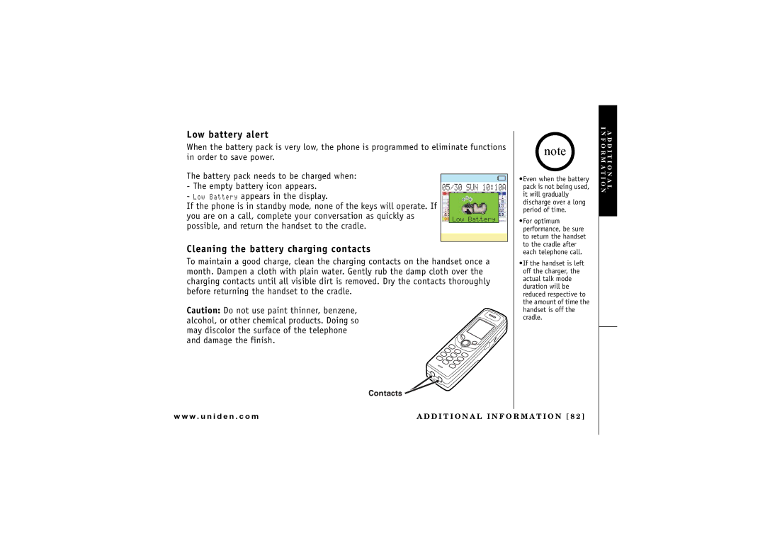 Uniden UIP1869V owner manual Low battery alert, Cleaning the battery charging contacts 