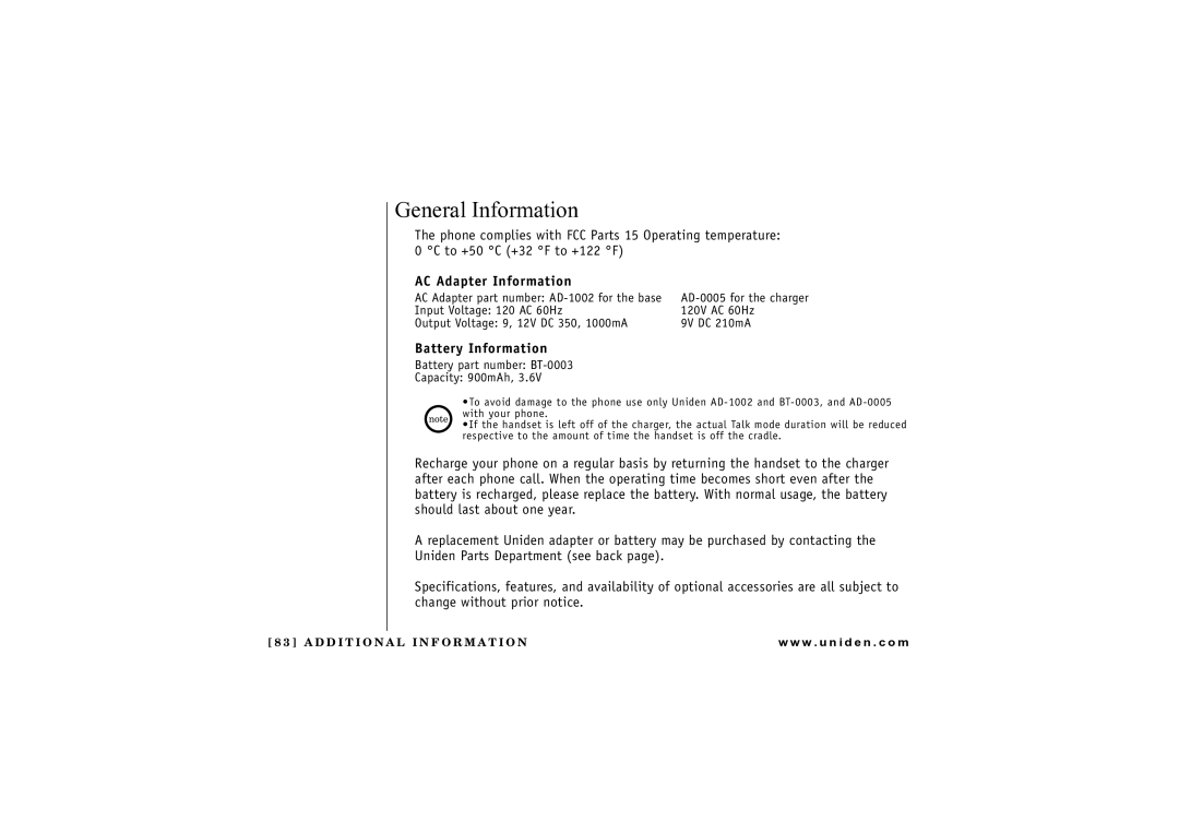 Uniden UIP1869V owner manual General Information, AC Adapter Information, Battery Information 