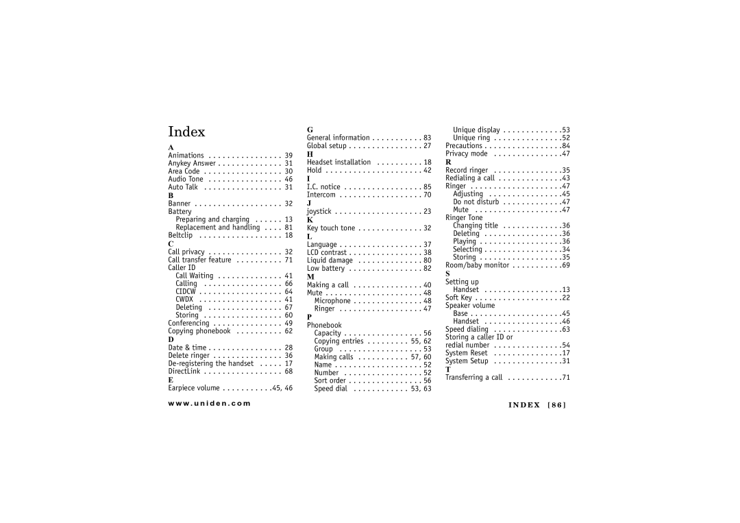 Uniden UIP1869V owner manual Index 