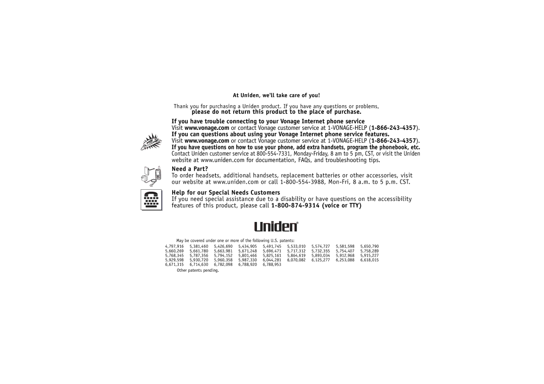 Uniden UIP1869V owner manual Need a Part? Help for our Special Needs Customers 